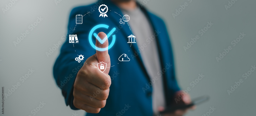 Leinwandbilder Quality management with Quality Assurance or QA and Quality Control or QC and improvement. Standardization and certification concept. Compliance to regulations and standards. Concept with manager.