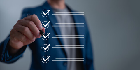 Check list, Businessman Take an assessment, questionnaire, evaluation, online survey exam Choosing the right answer in the exam, filling out an online survey form. Answer the test questions.