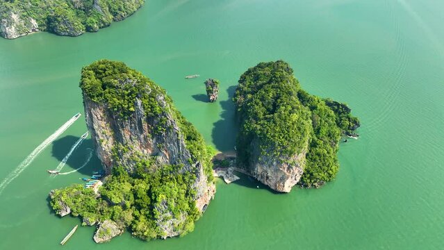 Aerial view of Koh Tapu in the bay of Koh Khao Phing Kan of Ao Phang Nga National Park, Phang Nga Province, near Panyee Island Koh Tapu is also known as "James Bond Island".