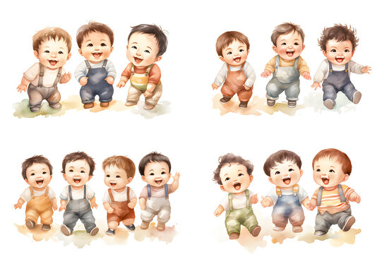 Watercolor pictures of four-month-old children smiling in various postures on a white background