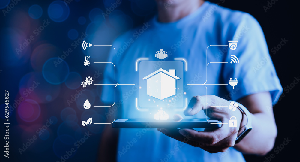 Poster man controlling smart home with innovative app, modern iot automation concept