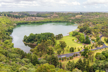 Fototapeta na wymiar Valley Lake viewed from the Potters Point Lookout on a day, Mount Gambier, South Australia