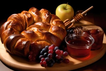 round challah bread, apples and honey on a wooden table at the farm.rustic style. sweet year wishes. Jewish New Year - Rosh Hashanah