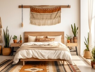 The interior of the bedroom is cozy hanging walls with Morden style patterns wooden furniture with thick carpets placed under the floor bright environment with natural light from the windows.