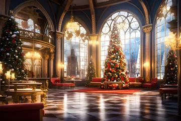Foto op Canvas A large beautifully decorated Christmas tree stands tall in the luxurious room on Christmas night. © Classic