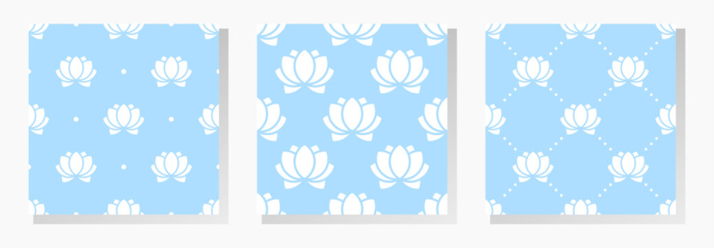 White lotus flowers on blue background. Floral vector seamless patterns collection. Best for textile, wallpapers, wrapping paper, package and home decoration.