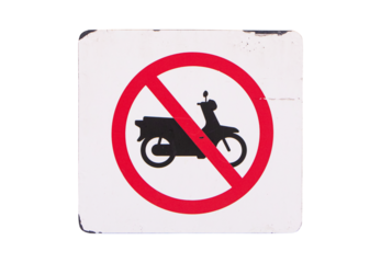 Motorcycle prohibited, traffic sign, No motorbike or no parking panel red white isolated on cutout PNG. Rules for road users. Driving at safe speed, please be careful. Road restricts freedom.