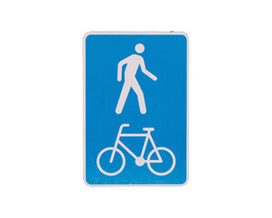 Traffic Sign white blue walking, cycling is allowed. Bike pedestrian street city signs. Rules for road users. Driving at safe speed, please be careful. Restricts freedom. Isolated on cut out PNG.