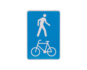 Traffic Sign white blue walking, cycling is allowed. Bike pedestrian street city signs. Rules for road users. Driving at safe speed, please be careful. Restricts freedom. Isolated on cut out PNG.