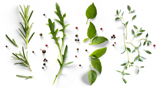 fresh mediterranean herb and spices with real transparent shadow isolated on transparent background. PNG Food background design element
