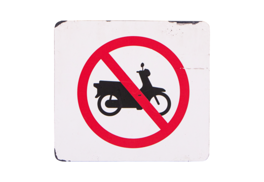 Motorcycle prohibited, traffic sign, No motorbike or no parking panel red white isolated on cutout PNG. Rules for road users. Driving at safe speed, please be careful. Road restricts freedom.
