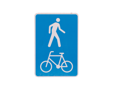 Traffic Sign white blue walking, cycling is allowed. Bike pedestrian street city signs. Rules for road users. Driving at safe speed, please be careful. Restricts freedom. Isolated on cut out PNG.