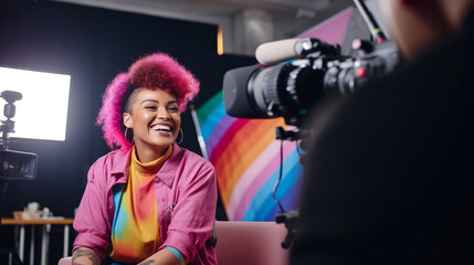 female colorful tattooed LGBTQIA+ influencer giving interview about diversity in front of tv cameras in colorful creative studio - obrazy, fototapety, plakaty