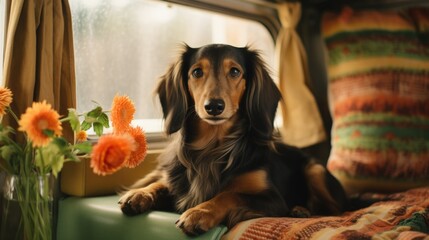Beautiful Dachshund dog with the most adorable friendly face living in refurbished vintage 70's...
