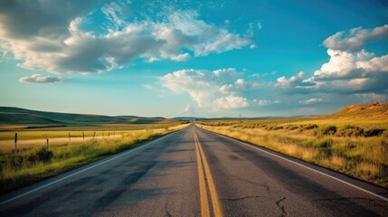 Obraz na płótnie Canvas asphalt road in a comparative area leaving for the sky. Driving down an empty road towards the sun. 