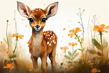 Cute illustration, cartoon style, of a  young deer standing with some flowers nearby