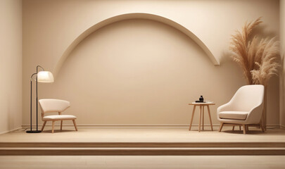 Beige Tones wall with lighting and wood floor, lamp and plant with table, Modern stylish presentation, Generative Ai.