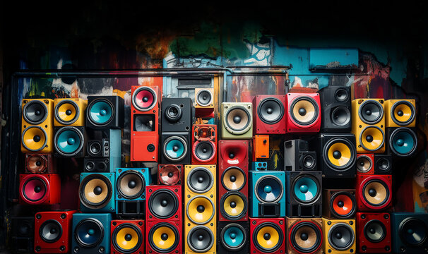 vintage music sound speaker wall.Retro old school design ghetto blaster stereo radio cassette tape recorders boombox tower from circa 1980s front concrete wall background. Vintage instagram style 