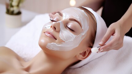 Beautiful young woman with a mask on her face. Skin care and treatment, spa, natural beauty and...