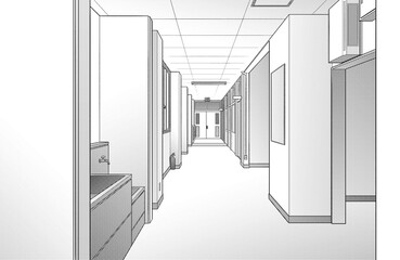 漫画風ペン画イラスト　学校_廊下
