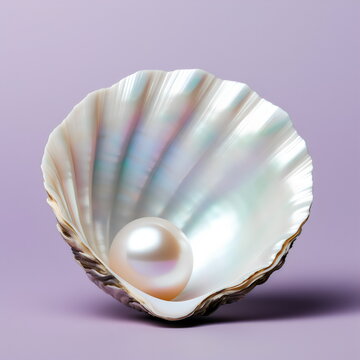 pearlescent oyster clam shell with large pearl inside isolated on plain purple studio background