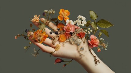 Female hands in flowers, skin care concept