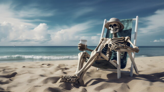 skeleton zombie relaxing by the beach on vacation wearing hat holding drink
