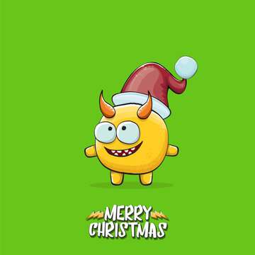 Vector cartoon funky orange monster with Santa Claus red hat isolated on green christmas background. Childrens Merry Christmas greeting card with funny monster minion elf Santa Claus.
