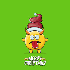 Vector cartoon funky orange monster with Santa Claus red hat isolated on green christmas background. Childrens Merry Christmas greeting card with funny monster minion elf Santa Claus.