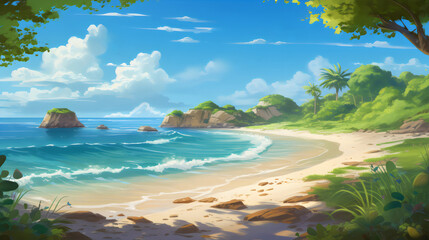 Fototapeta premium beach cove with island and tree landscape game concept art style illustration