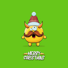 Vector cartoon funky orange monster with Santa Claus red hat isolated on green christmas background. Childrens Merry Christmas greeting card with funny monster minion elf Santa Claus.