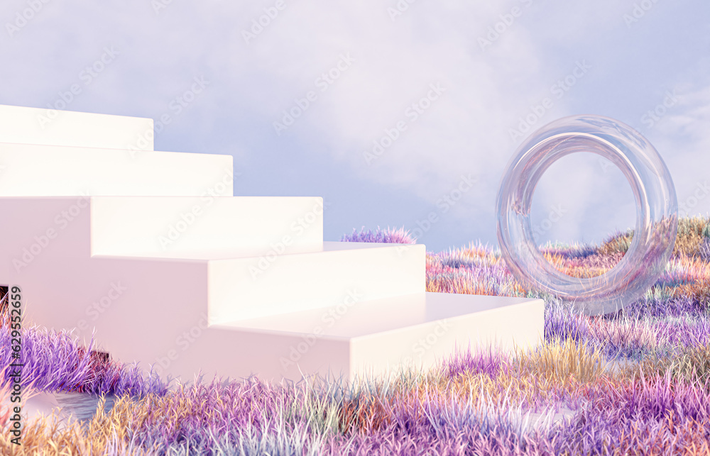 Poster abstract landscape scene with a podium for product display. 3d rendering