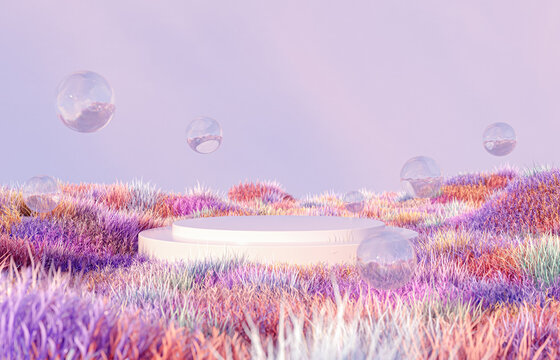 Abstract landscape scene with a podium for product display. 3d rendering