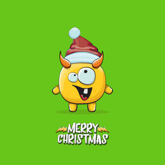 Vector cartoon funky orange monster with Santa Claus red hat isolated on green christmas background. Childrens Merry Christmas greeting card with funny monster minion elf Santa Claus.