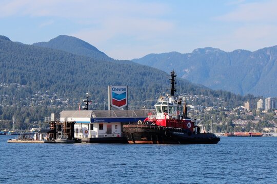A photo of the Chevron Legacy fuel barge. The floating gas station is a local landmark and fuel source for boats in the port of Vancouver, Canada