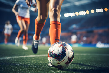 Close up woman football leggs dribbling  in orange socks with a ball ai generated art