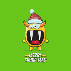 Vector cartoon funky orange monster with Santa Claus red hat isolated on green christmas background. Childrens Merry Christmas greeting card with funny monster minion elf Santa Claus.