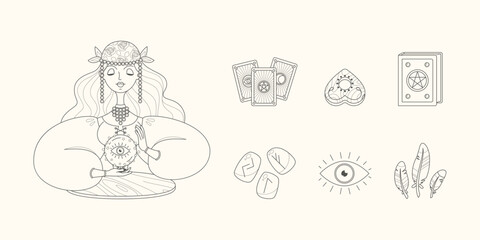 Magic and fortune telling set. Cartoon illustrations of a beautiful girl reading the future by seeing crystal ball with all-seeing eye and a collection of magic accessories. Vector 10 EPS.
