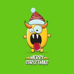Vector cartoon funky orange monster with Santa Claus red hat isolated on green christmas background. Childrens Merry Christmas greeting card with funny monster minion elf Santa Claus.