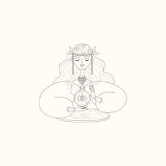 Fortune teller female character. Gypsy oracle. Cartoon illustration of a beautiful girl telling the future by seeing a magic ball. Vector 10 EPS.