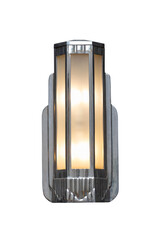 chrome and glass art deco sconce light fixture, illuminated on a transparent, close up