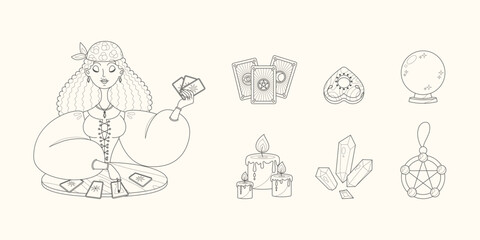 Magic and fortune telling set. Cartoon illustrations of a beautiful girl reading the future by seeing cards and a collection of magic accessories. Vector 10 EPS.