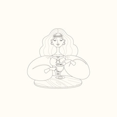 Fortune teller female character. Cartoon illustration of a beautiful girl telling the future using coffee grounds. Vector 10 EPS.