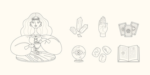 Magic and fortune telling set. Cartoon illustration of a beautiful girl telling the future using coffee grounds and a collection of magic accessories. Vector 10 EPS.