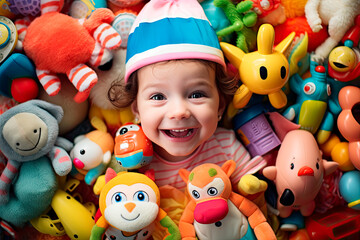 Fototapeta na wymiar happy Child's face in the plenty of toys. Top view