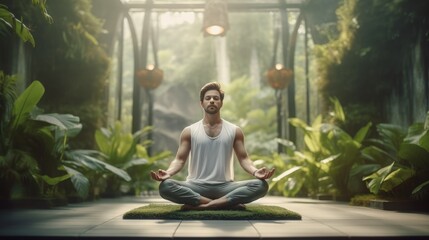 Handsome man doing yoga in lotus position in nature. The concept of learning and sports in nature.