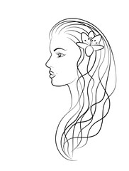 Illustration, vector icon of a beautiful young girl with long hair in a minimalist style, for website avatar, beauty salon design, etc.