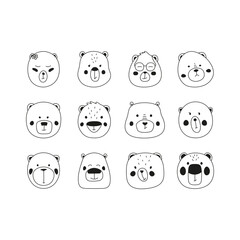Set of 12 cute bear face posters vector illustration isolated on white background
