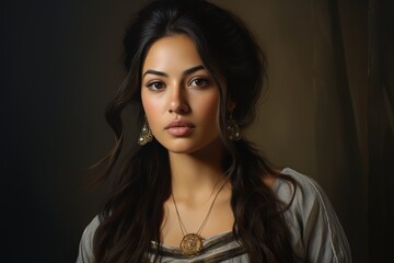 Fototapeta premium Lifelike beautiful Asian Indian woman with a striking appearance and traditional outfit poses for hyper-realistic studio portraits