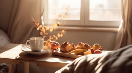 Autumn breakfast in bed pie apples and cup of coffee, light from the window, light abstract background. Generative AI